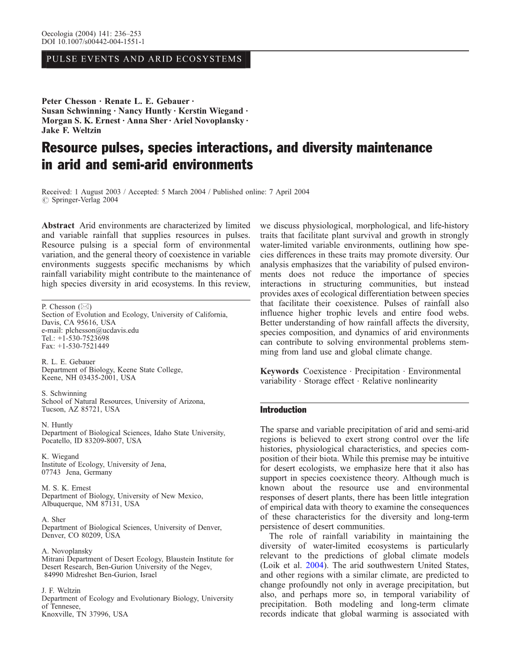 Resource Pulses, Species Interactions, and Diversity Maintenance in Arid and Semi-Arid Environments