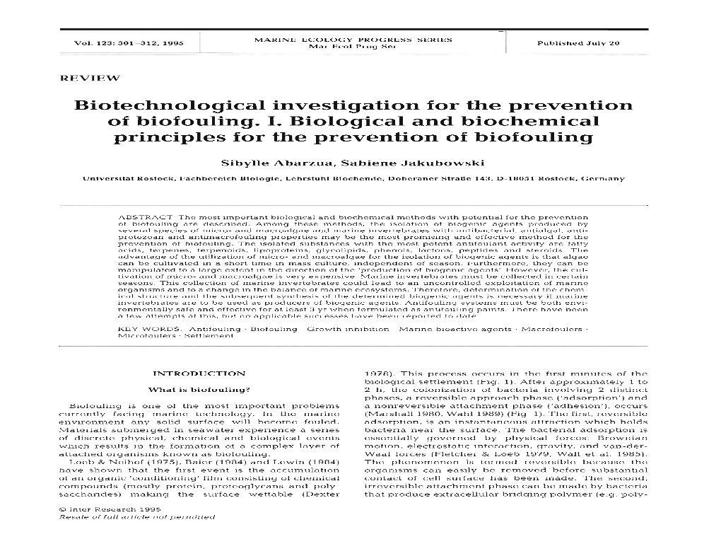 Biotechnological Investigation for the Prevention of Biofouling. I