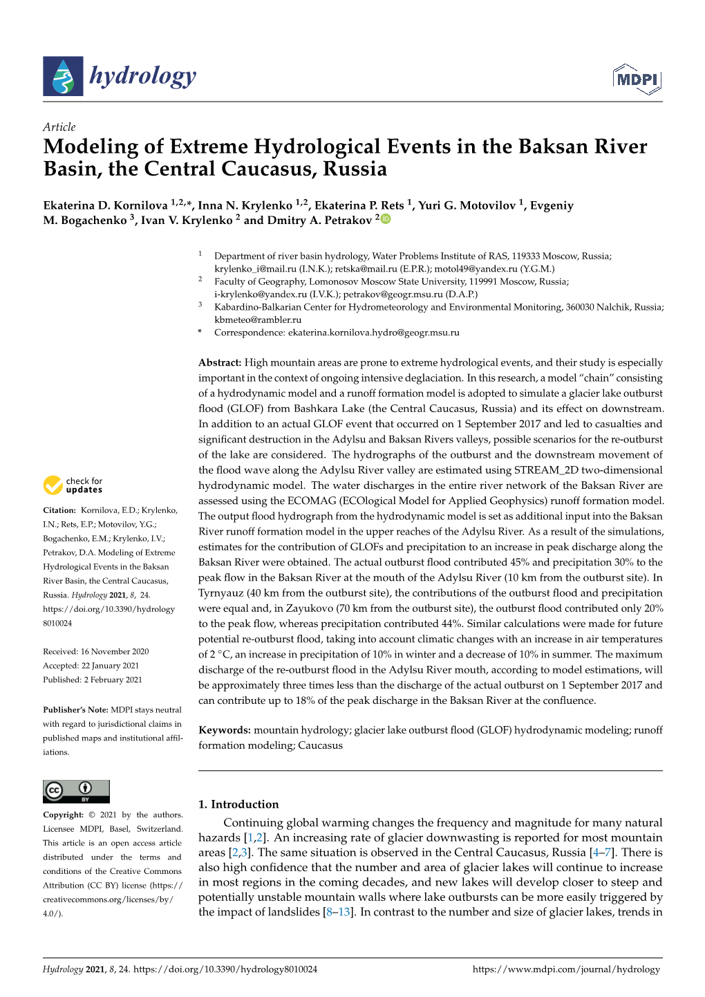 Modeling of Extreme Hydrological Events in the Baksan River Basin, the Central Caucasus, Russia