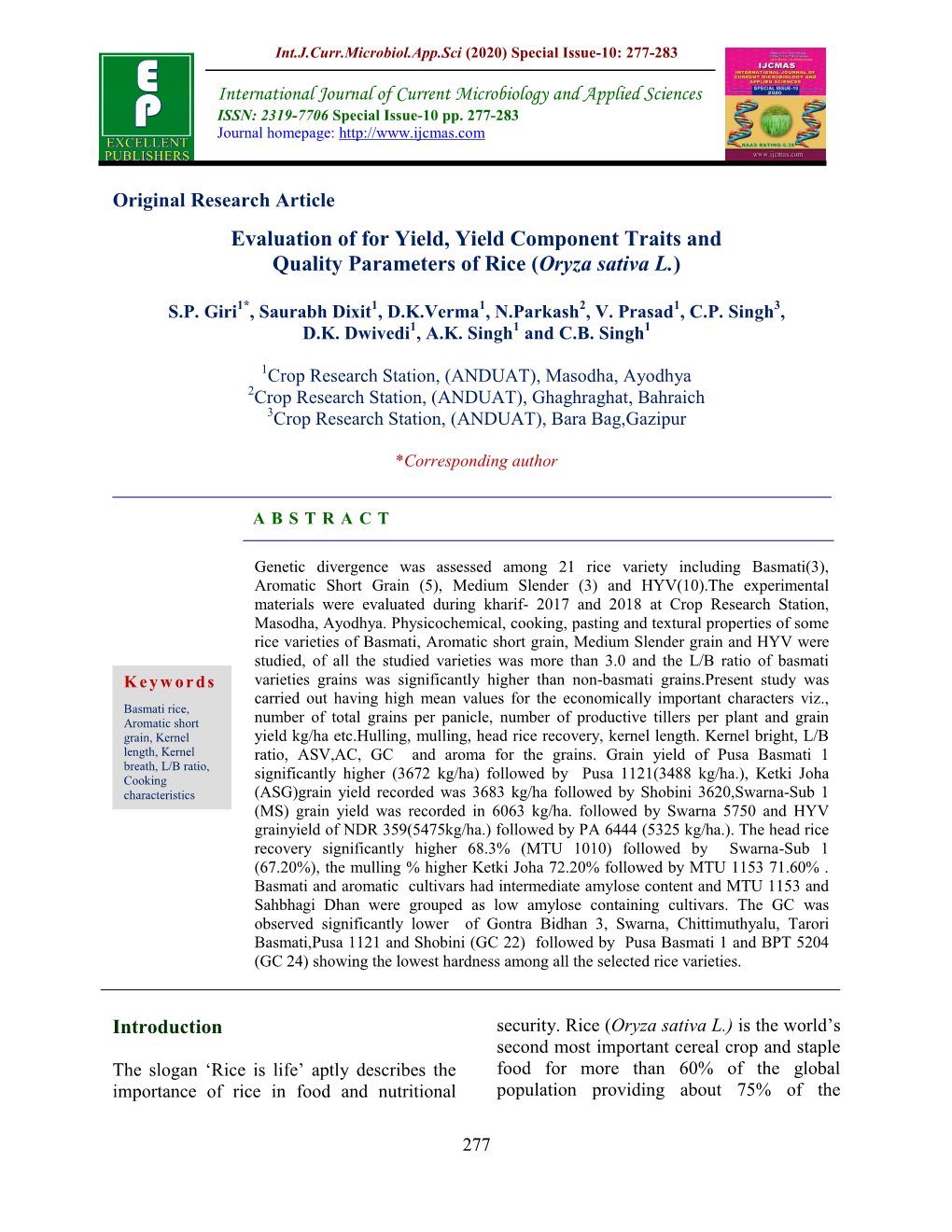 Evaluation of for Yield, Yield Component Traits and Quality Parameters of Rice (Oryza Sativa L.)