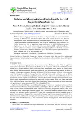 Isolation and Characterization of Lectin from the Leaves of Euphorbia Tithymaloides (L.)