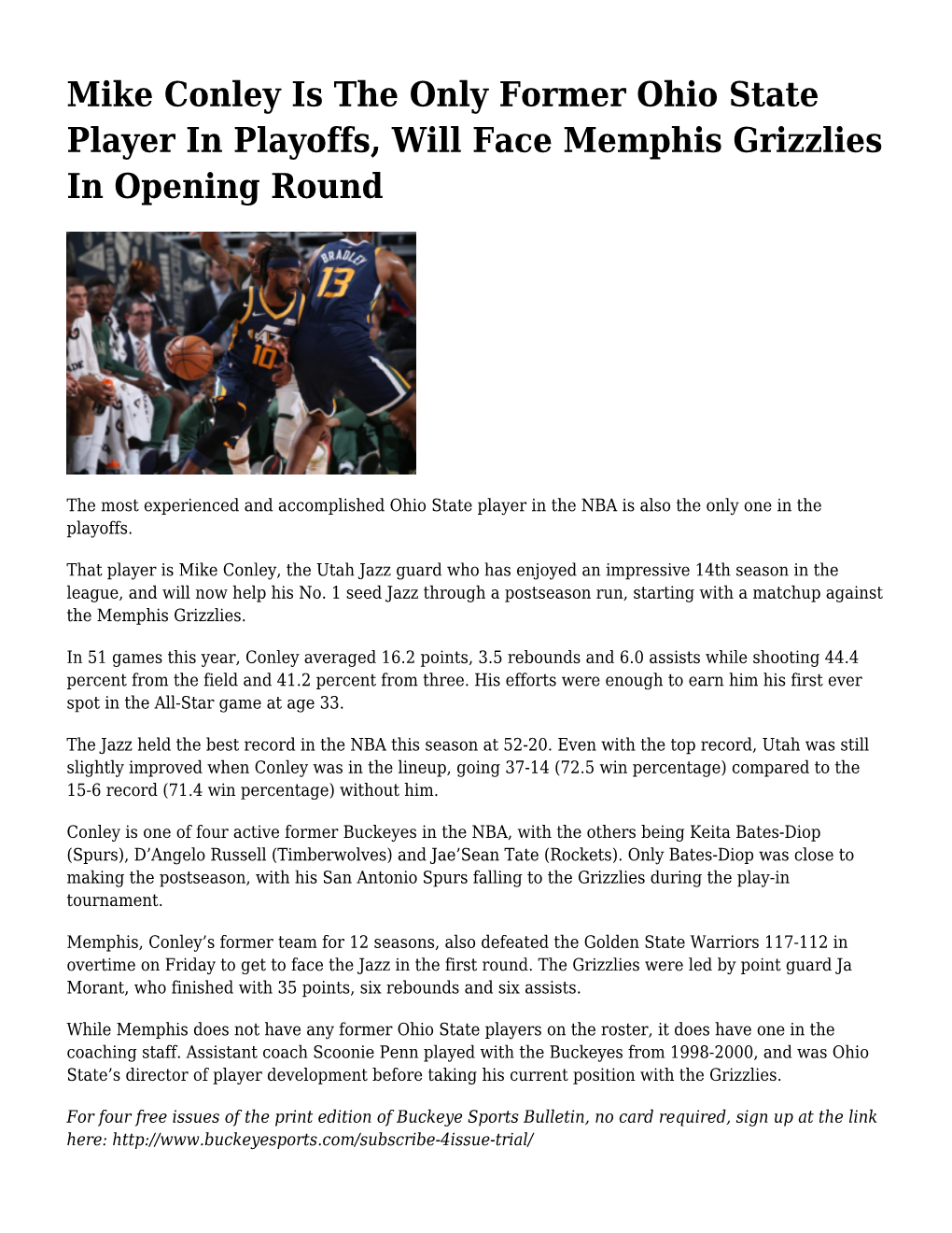 Mike Conley Is the Only Former Ohio State Player in Playoffs, Will Face Memphis Grizzlies in Opening Round