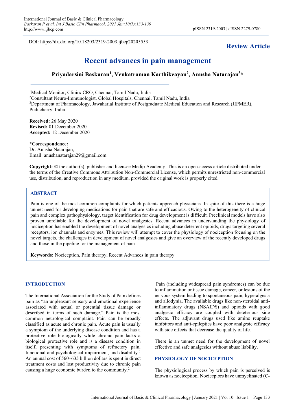 Recent Advances in Pain Management