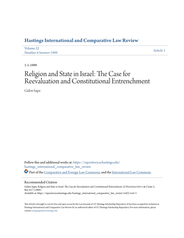 Religion and State in Israel: the Ac Se for Reevaluation and Constitutional Entrenchment Gidon Sapir