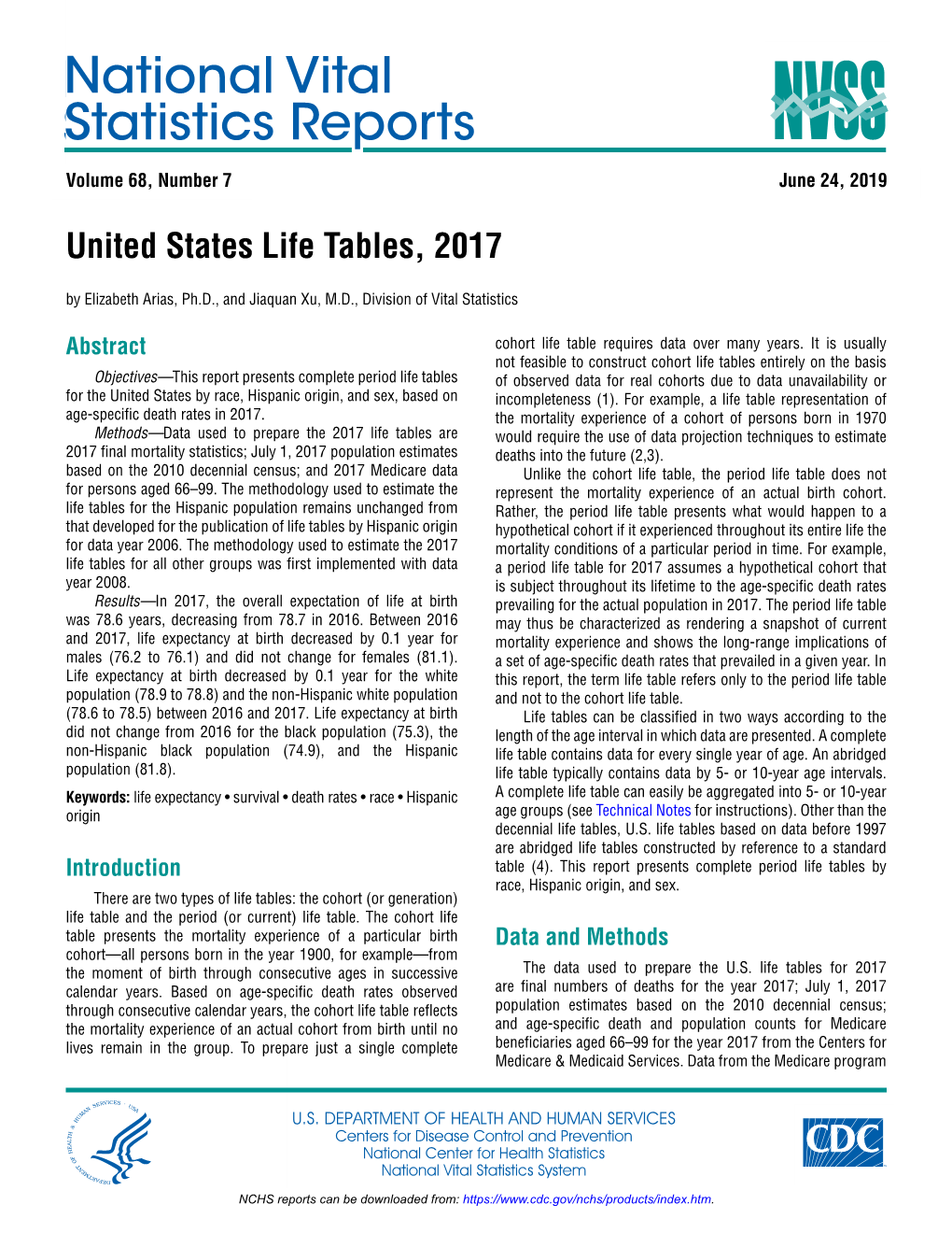 National Vital Statistics Reports Volume 68, Number 7 June 24, 2019