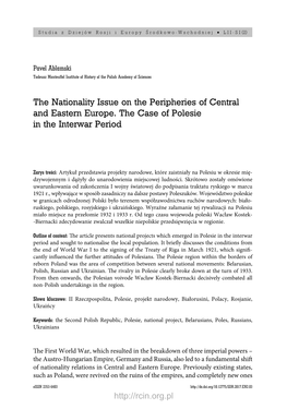 The Nationality Issue on the Peripheries of Central and Eastern Europe. the Case of Polesie in the Interwar Period