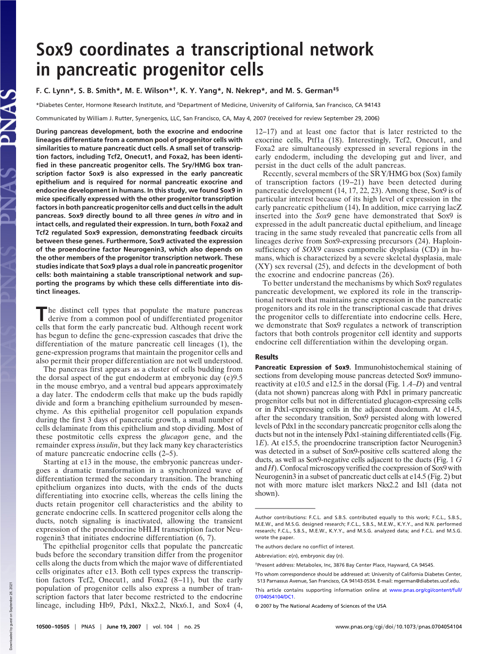 Sox9 Coordinates a Transcriptional Network in Pancreatic Progenitor Cells