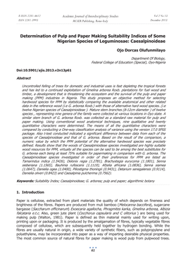 Determination of Pulp and Paper Making Suitability Indices of Some Nigerian Species of Leguminosae: Caesalpinoideae