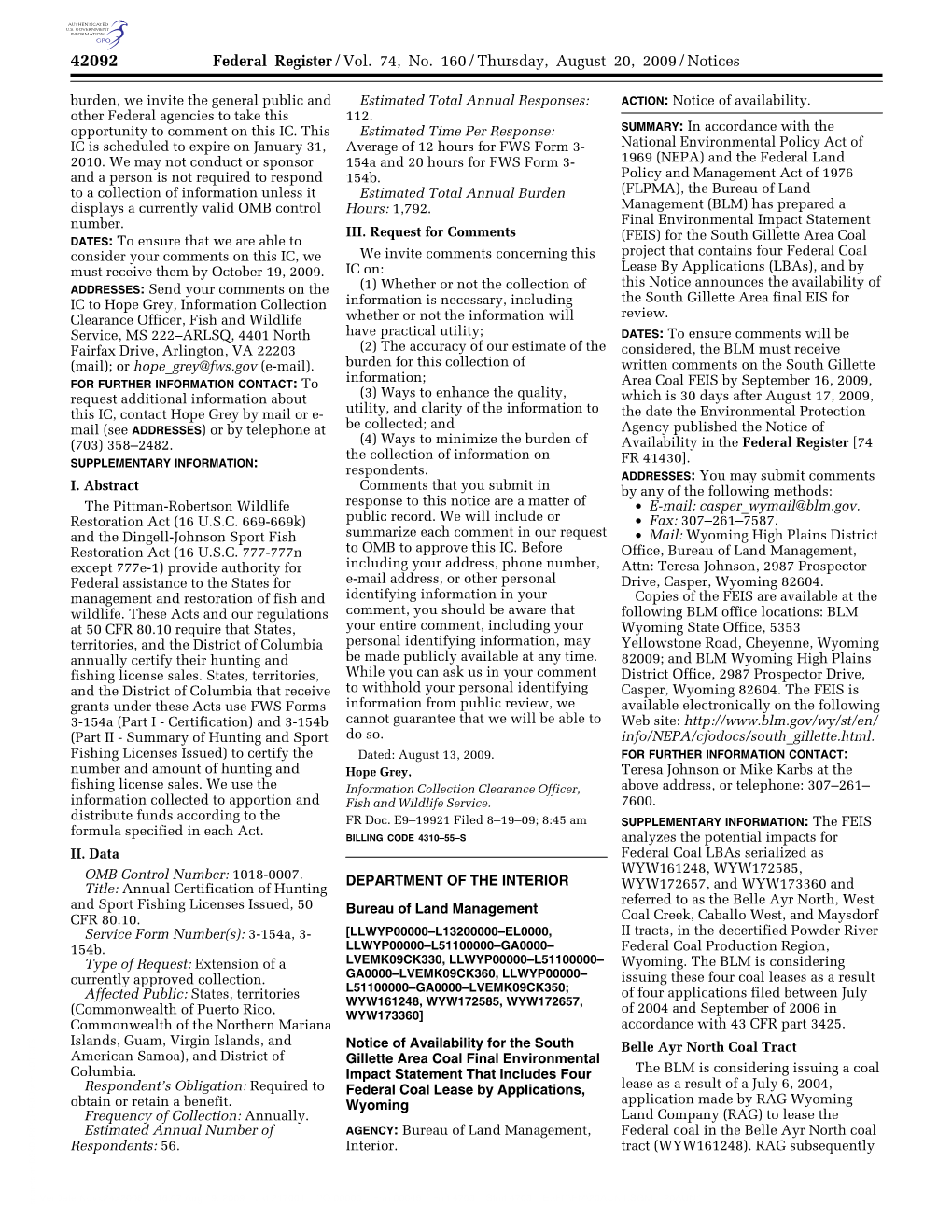 Federal Register/Vol. 74, No. 160/Thursday, August 20, 2009