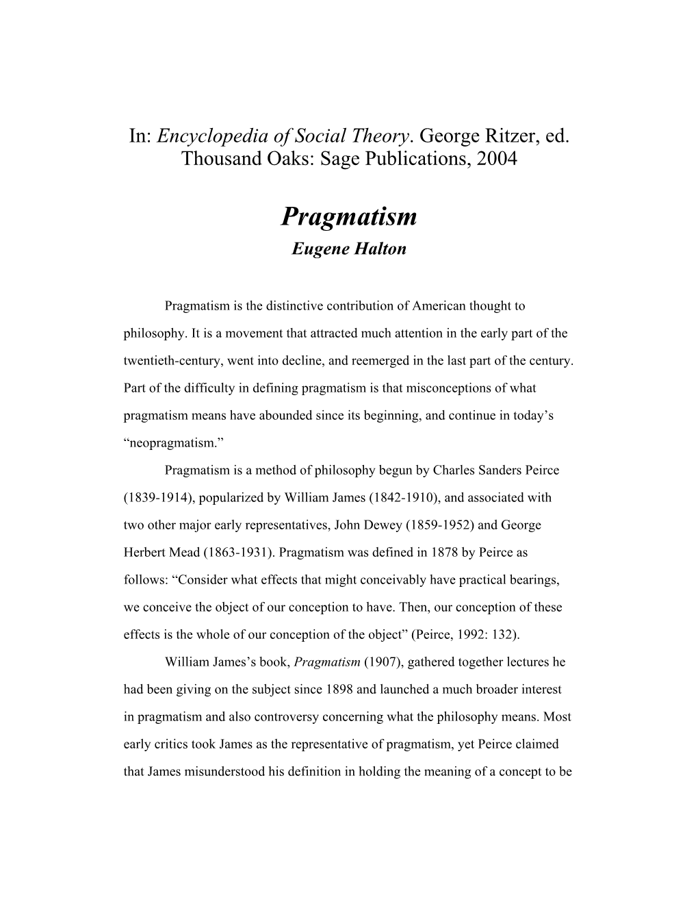 Pragmatism Eugene Halton