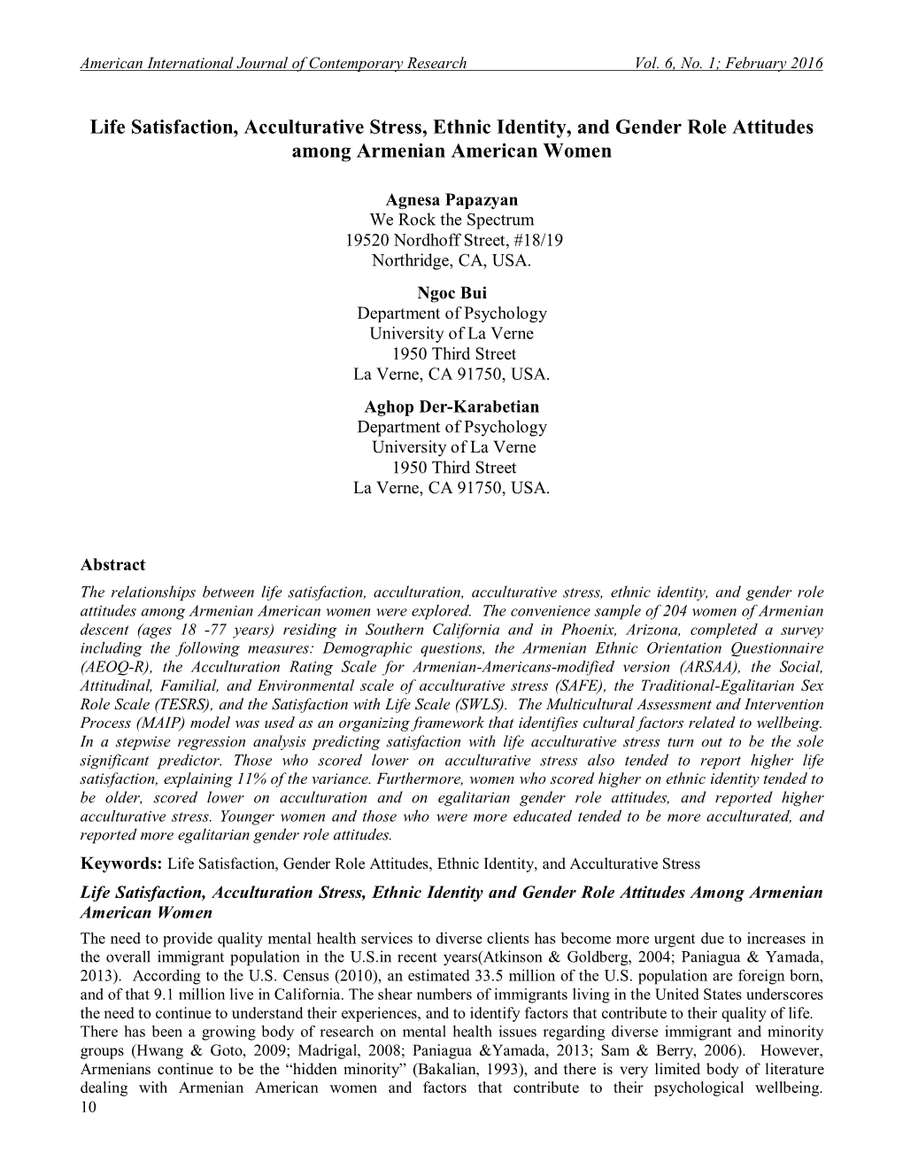 Life Satisfaction, Acculturative Stress, Ethnic Identity, and Gender Role Attitudes Among Armenian American Women