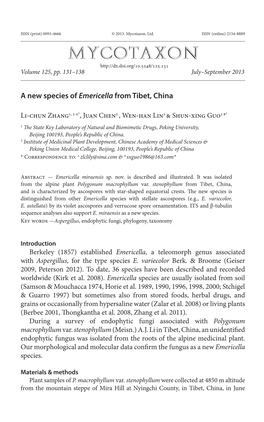 A New Species of &lt;I&gt;Emericella&lt;/I&gt; from Tibet, China