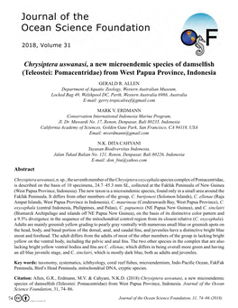 Chrysiptera Uswanasi, a New Microendemic Species of Damselfish (Teleostei: Pomacentridae) from West Papua Province, Indonesia