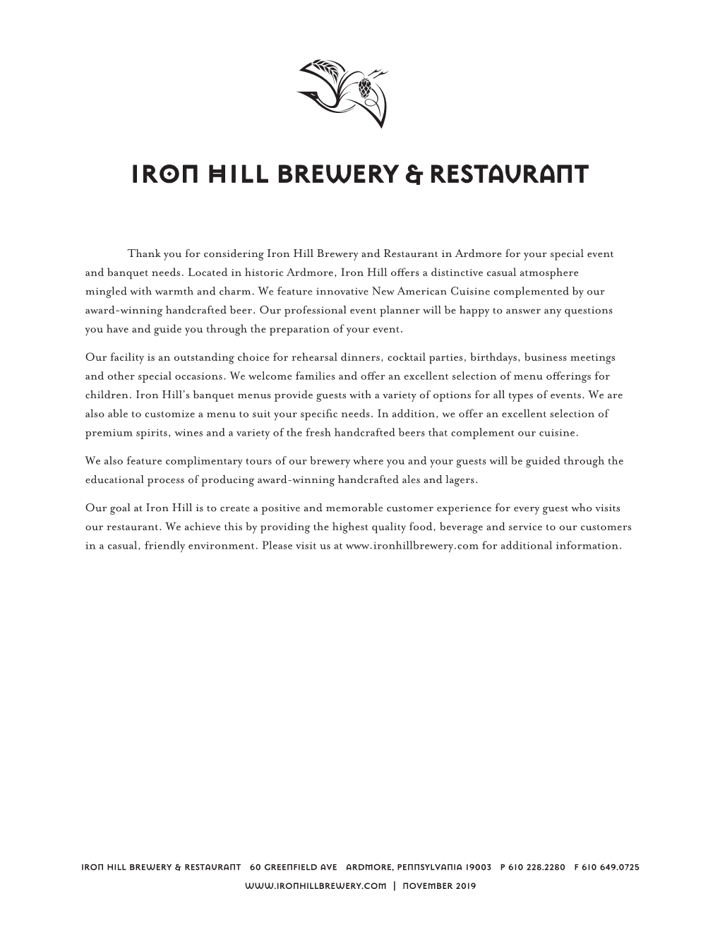 Thank You for Considering Iron Hill Brewery and Restaurant in Ardmore for Your Special Event and Banquet Needs