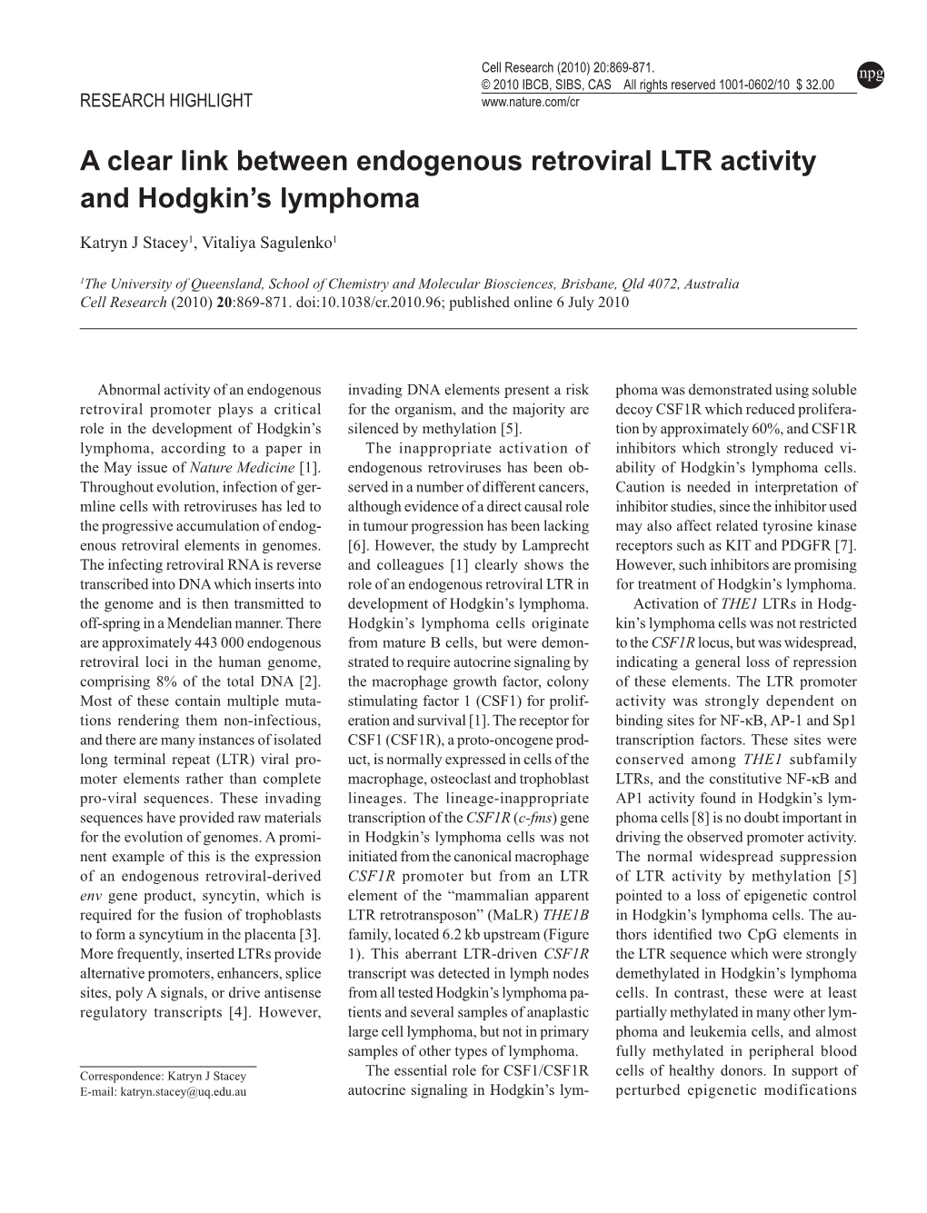 A Clear Link Between Endogenous Retroviral LTR Activity and Hodgkin's Lymphoma