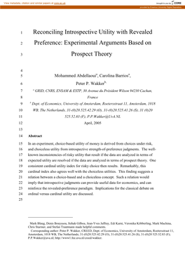 Reconciling Introspective Utility with Revealed Preference: Experimental Arguments Based on Prospect Theory