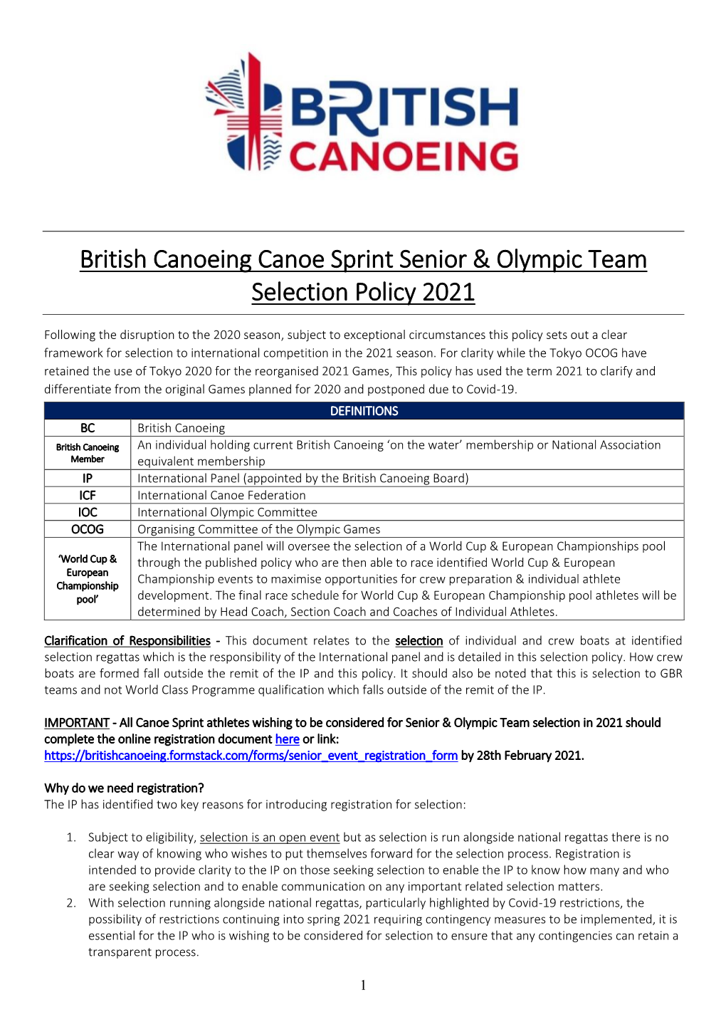 British Canoeing Canoe Sprint Senior & Olympic Team Selection Policy