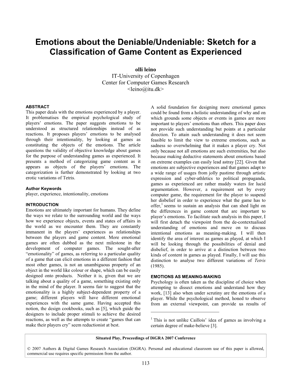 Emotions About the Deniable/Undeniable: Sketch for a Classification of Game Content As Experienced