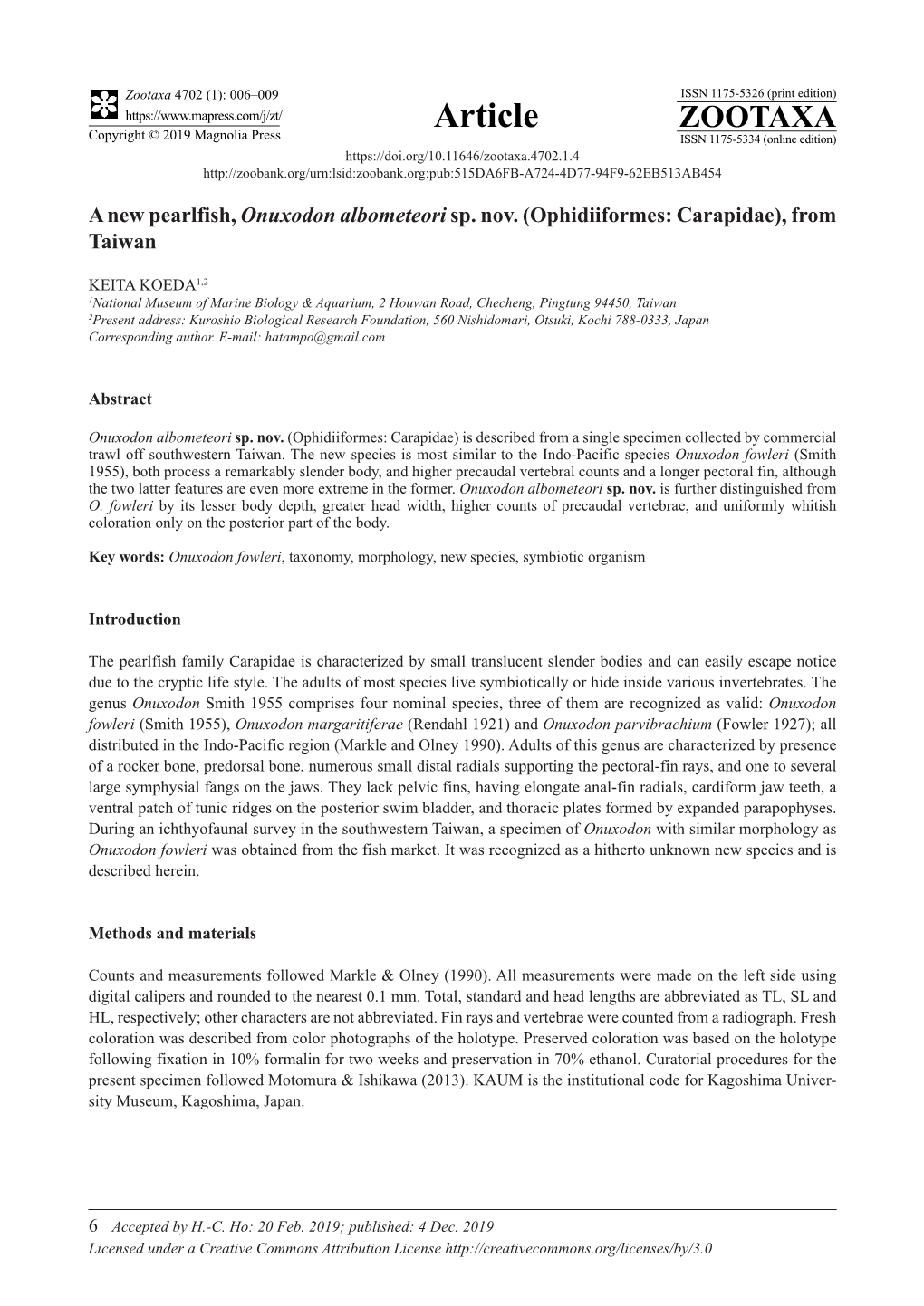 A New Pearlfish, Onuxodon Albometeori Sp. Nov. (Ophidiiformes: Carapidae), from Taiwan