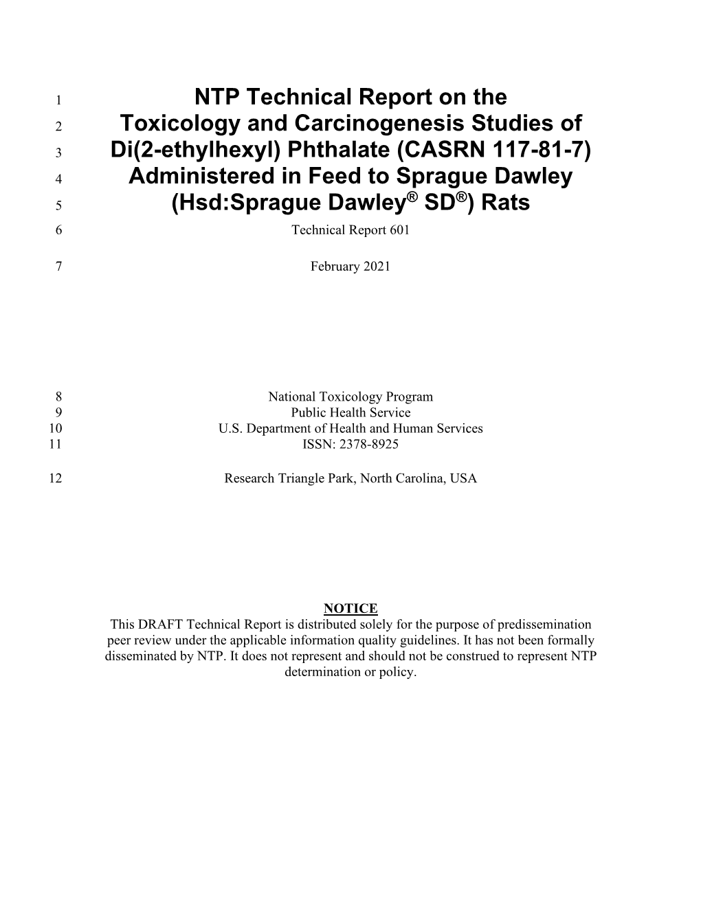 Draft TR-601: Di(2-Ethylhexyl) Phthalate (CASRN 117-81-7)