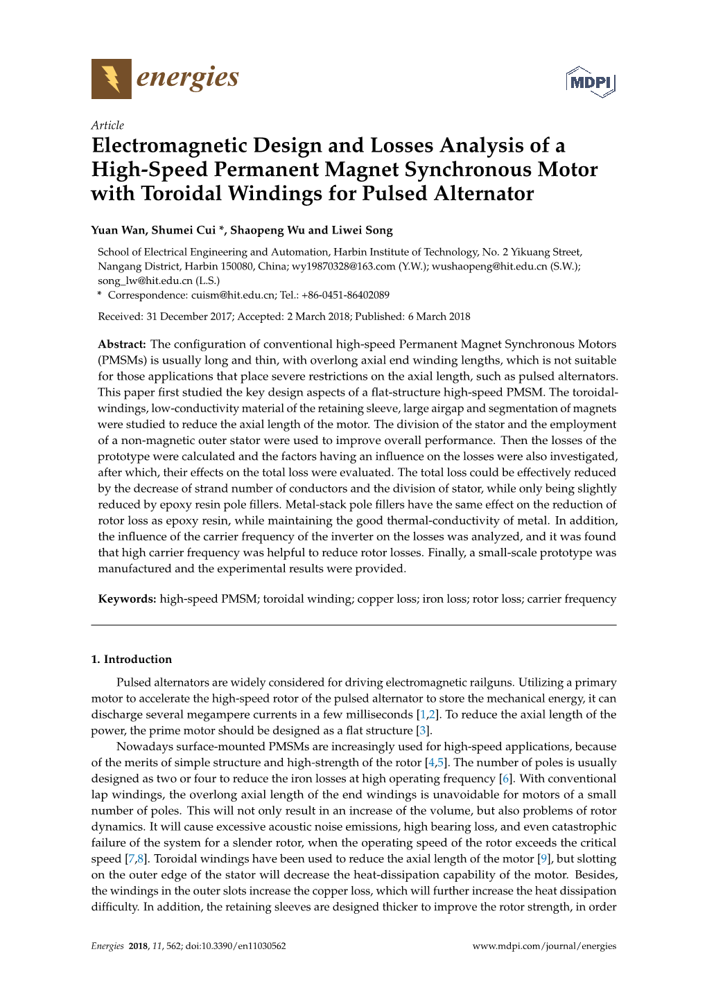 Electromagnetic Design and Losses Analysis of a High-Speed Permanent Magnet Synchronous Motor with Toroidal Windings for Pulsed Alternator