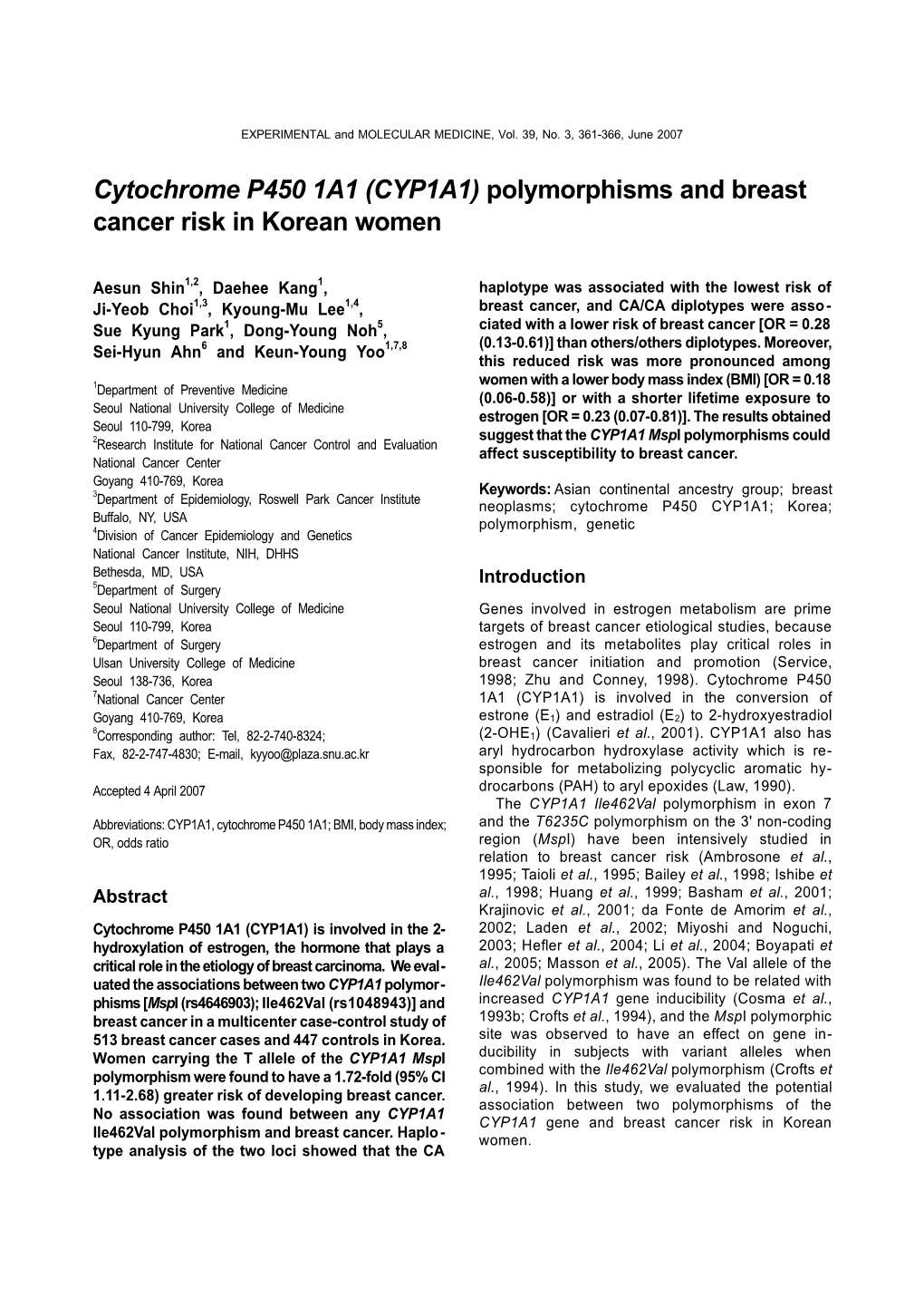 Cytochrome P450 1A1 (CYP1A1) Polymorphisms and Breast Cancer Risk in Korean Women