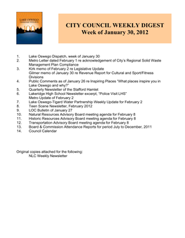 CITY COUNCIL WEEKLY DIGEST Week of January 30, 2012