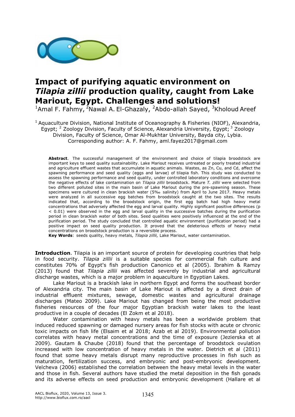 Impact of Purifying Aquatic Environment on Tilapia Zillii Production Quality, Caught from Lake Mariout, Egypt