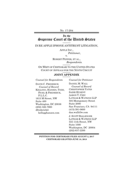 JOINT APPENDIX Counsel for Respondents Counsel for Petitioner