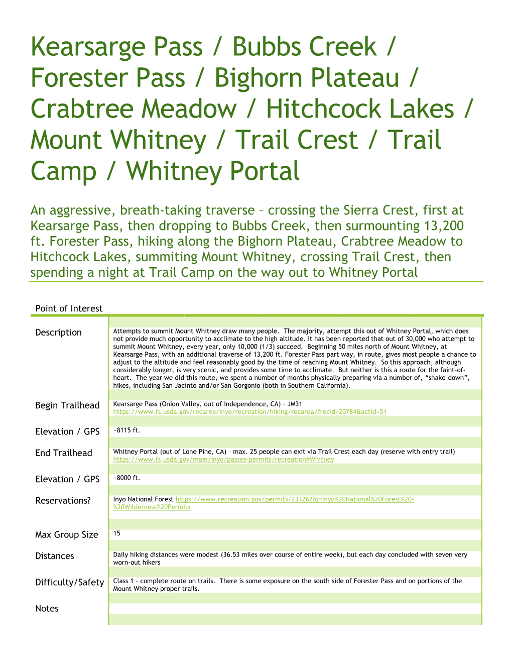 Kearsarge Pass / Bubbs Creek / Forester Pass / Bighorn Plateau / Crabtree Meadow / Hitchcock Lakes / Mount Whitney / Trail Crest / Trail Camp / Whitney Portal