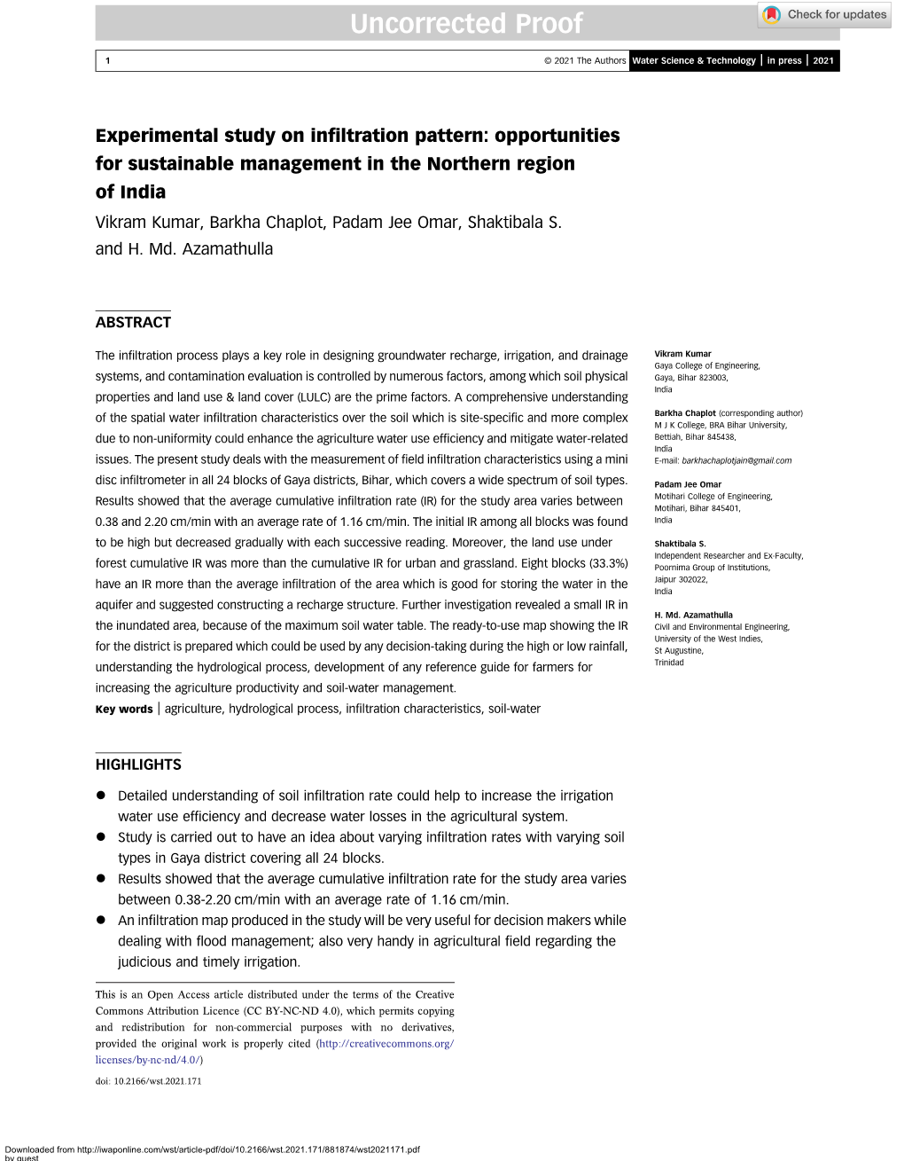 Experimental Study on Infiltration Pattern: Opportunities For