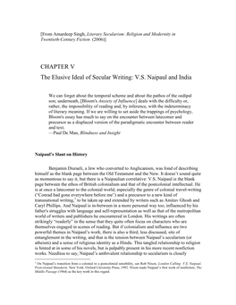 CHAPTER V the Elusive Ideal of Secular Writing: V.S. Naipaul and India