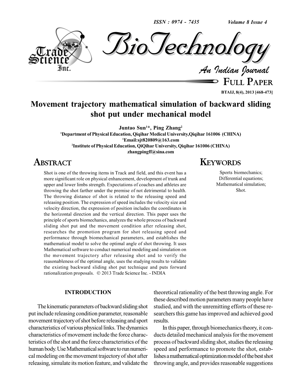 Movement Trajectory Mathematical Simulation of Backward Sliding Shot Put Under Mechanical Model