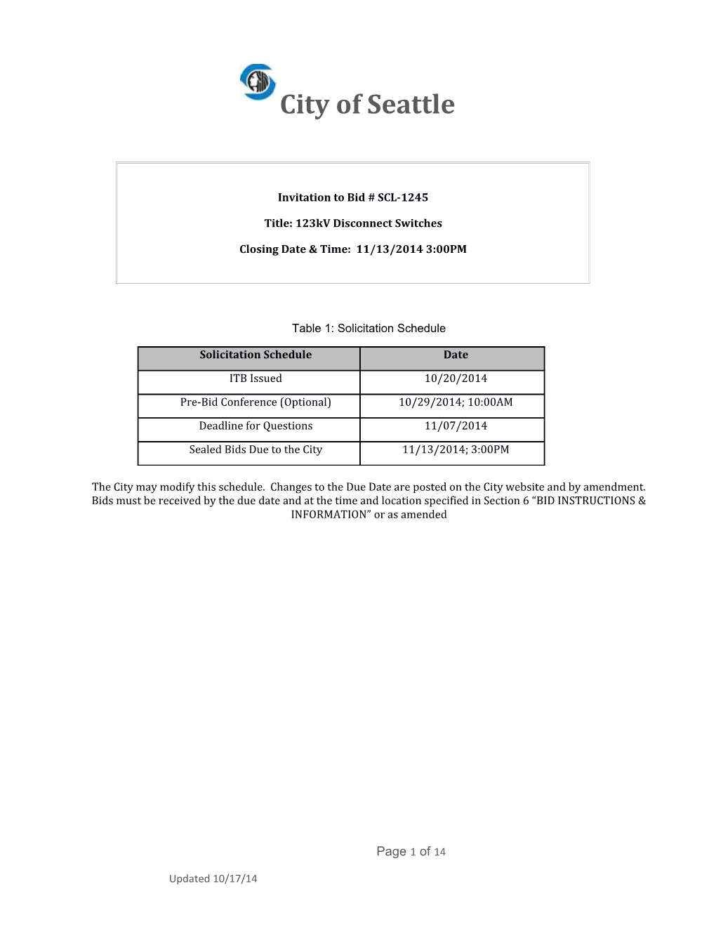 Invitation to Bid # SCL-1245