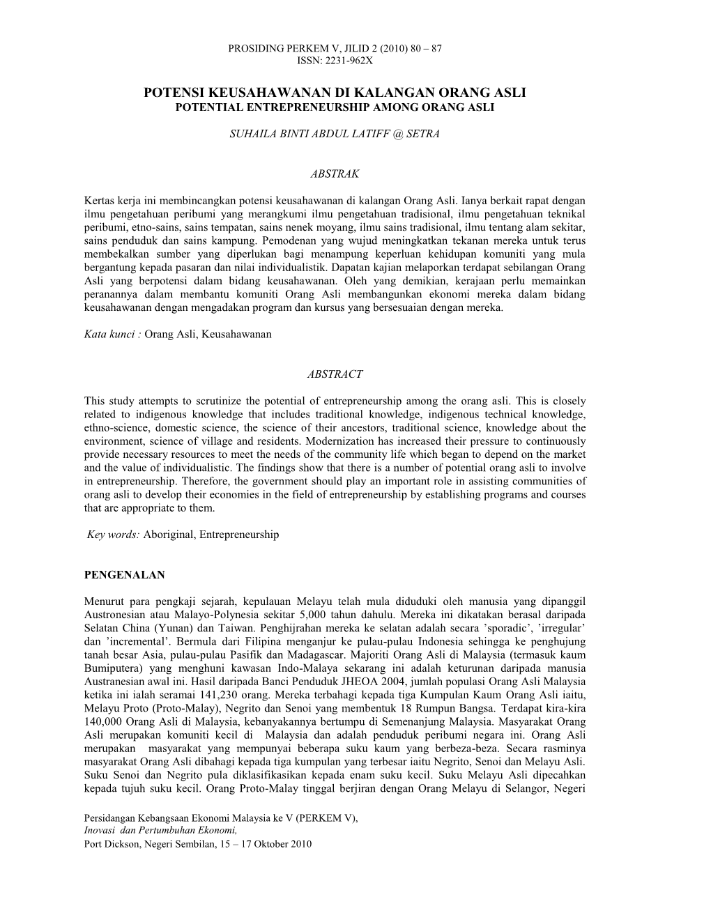 Potensi Keusahawanan Di Kalangan Orang Asli Potential Entrepreneurship Among Orang Asli