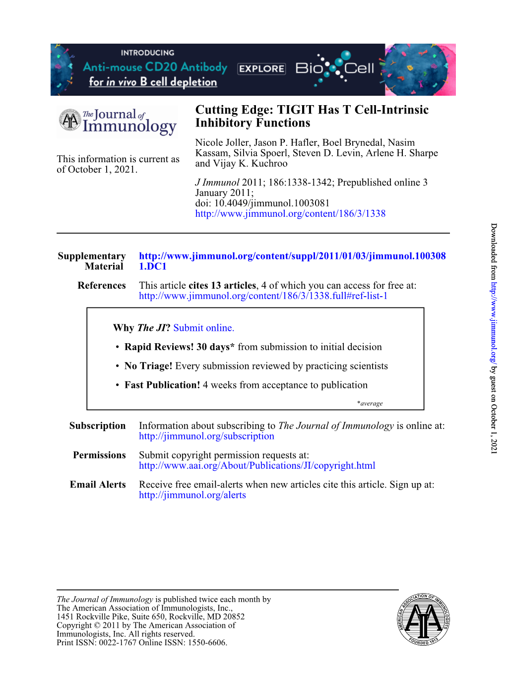 Inhibitory Functions Cutting Edge: TIGIT Has T Cell-Intrinsic