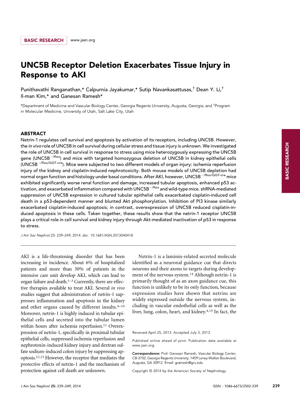 UNC5B Receptor Deletion Exacerbates Tissue Injury in Response to AKI