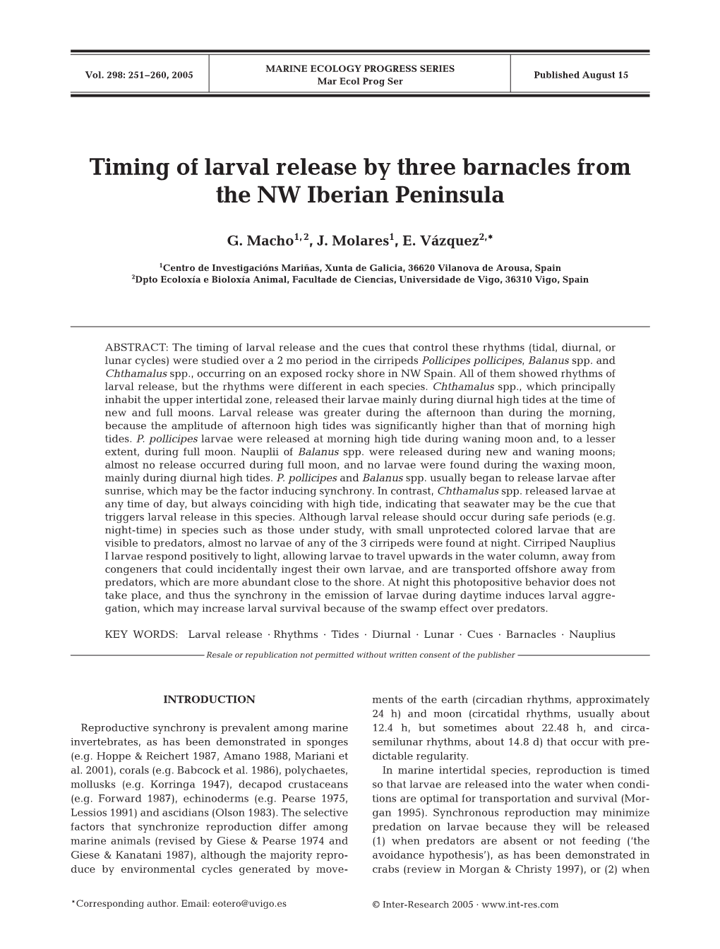 Timing of Larval Release by Three Barnacles from the NW Iberian Peninsula