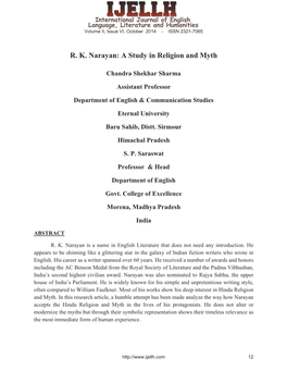 R. K. Narayan: a Study in Religion and Myth