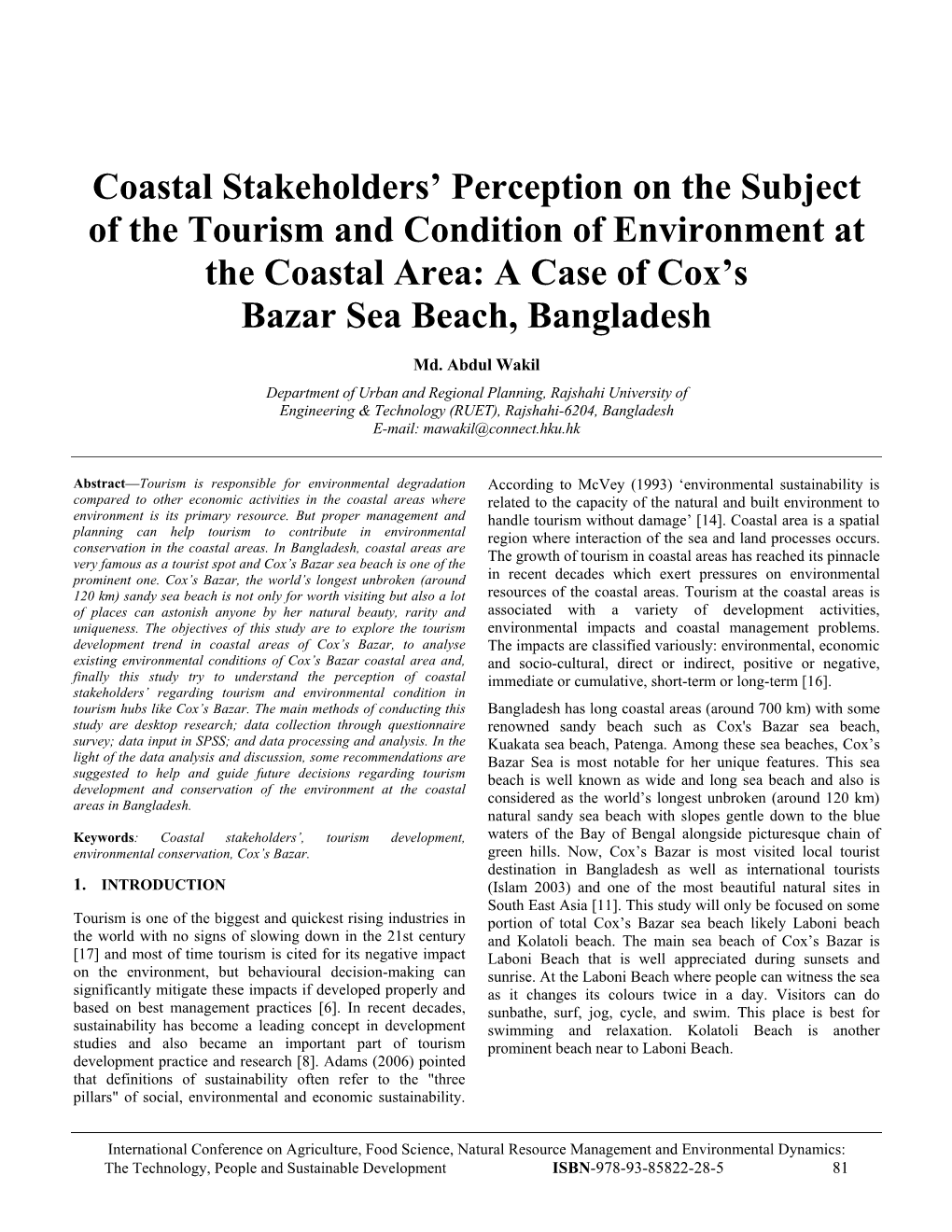 Coastal Stakeholders' Perception on the Subject of The