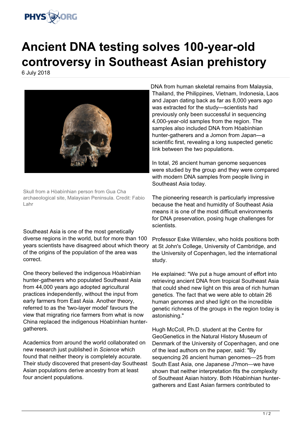 Ancient DNA Testing Solves 100-Year-Old Controversy in Southeast Asian Prehistory 6 July 2018