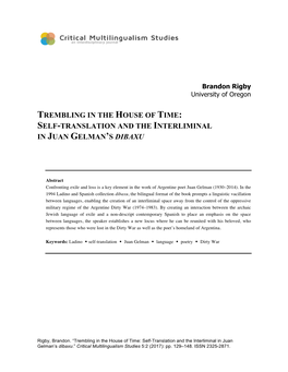 Trembling in the House of Time: Self-Translation and the Interliminal in Juan Gelman’S Dibaxu