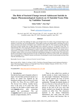 The Role of Societal Change Toward Adolescent Suicide in Japan: Phenomenological Analysis on 12 Suicidal Teens Film by Yukihiko Tsutsumi