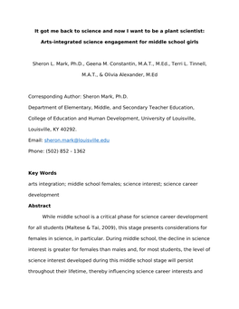 Arts-Integrated Science Engagement for Middle School Girls