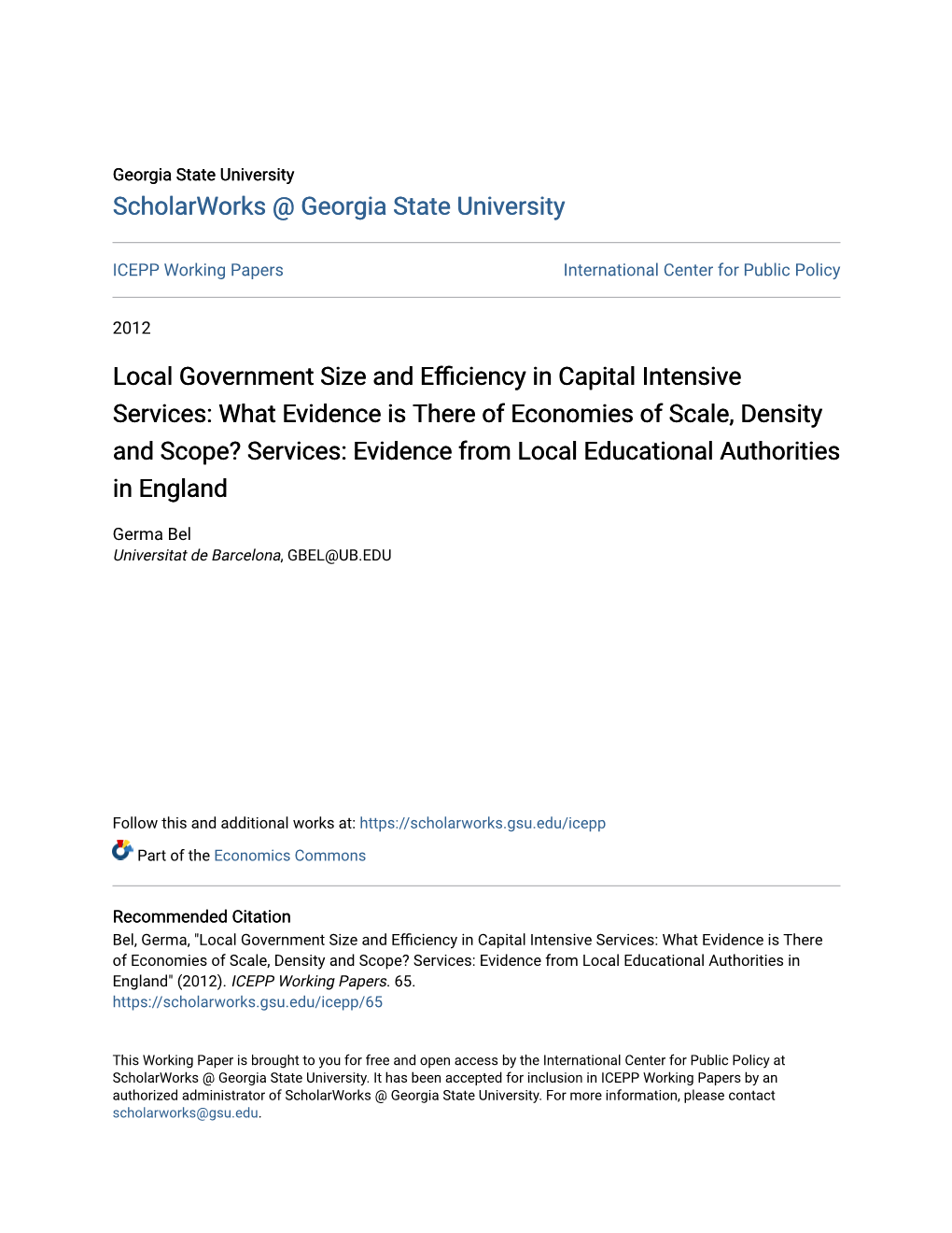 Local Government Size and Efficiency in Capital Intensive Services: What