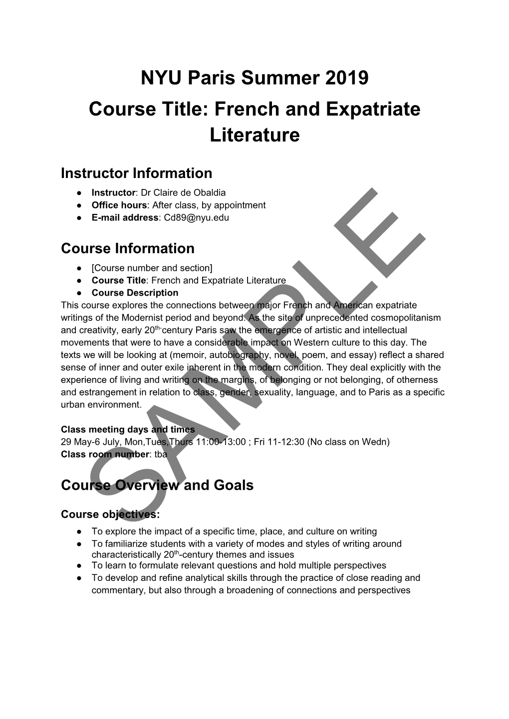 NYU Paris Summer 2019 Course Title: French and Expatriate Literature