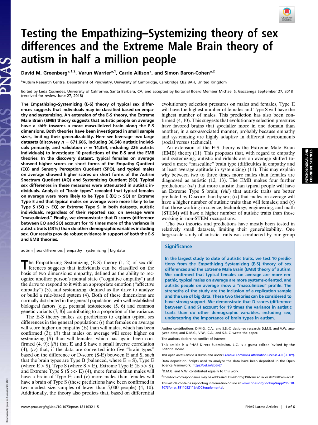 Testing the Empathizing–Systemizing Theory of Sex Differences and the Extreme Male Brain Theory of Autism in Half a Million People