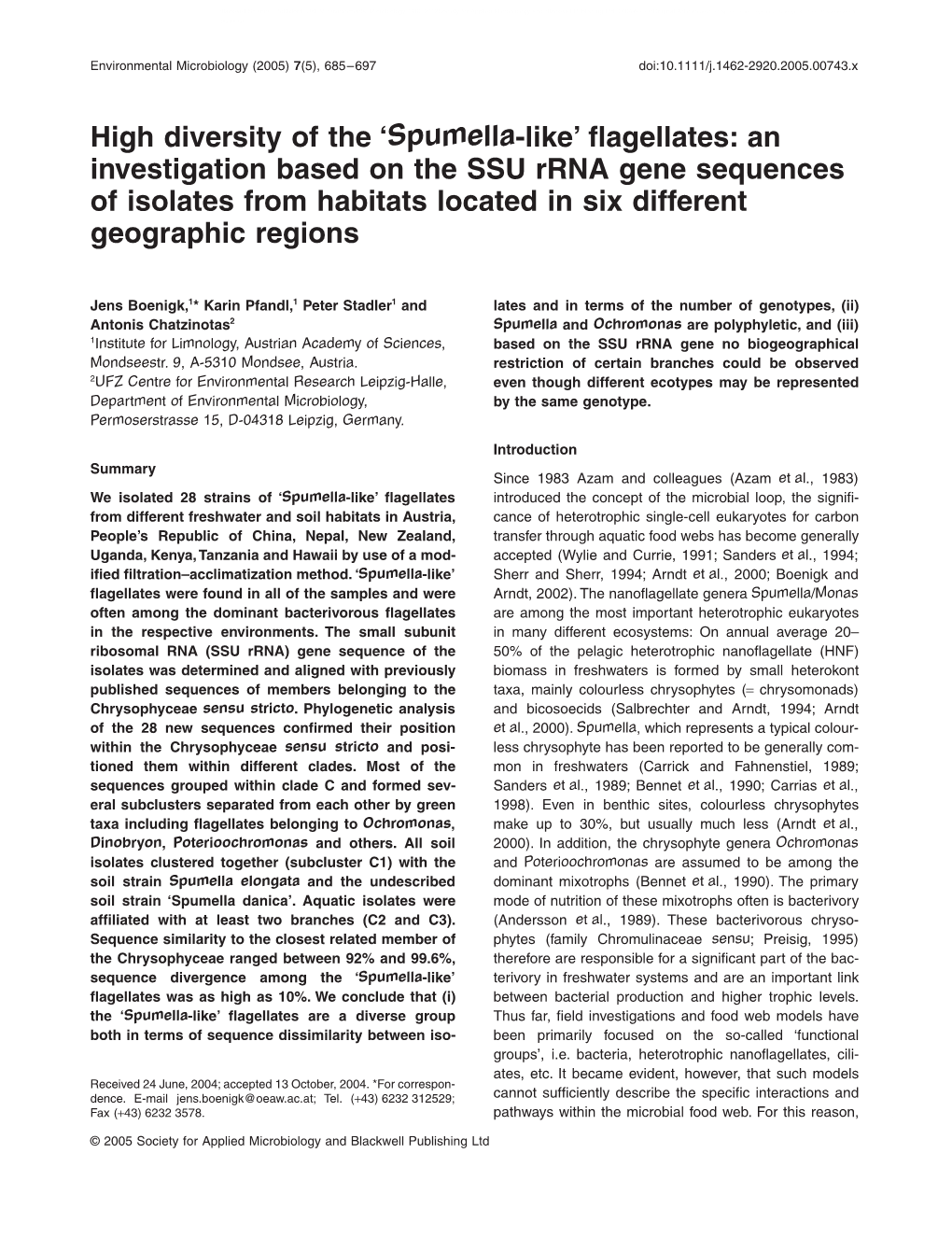 High Diversity of the 'Spumella-Like' Flagellates: an Investigation Based