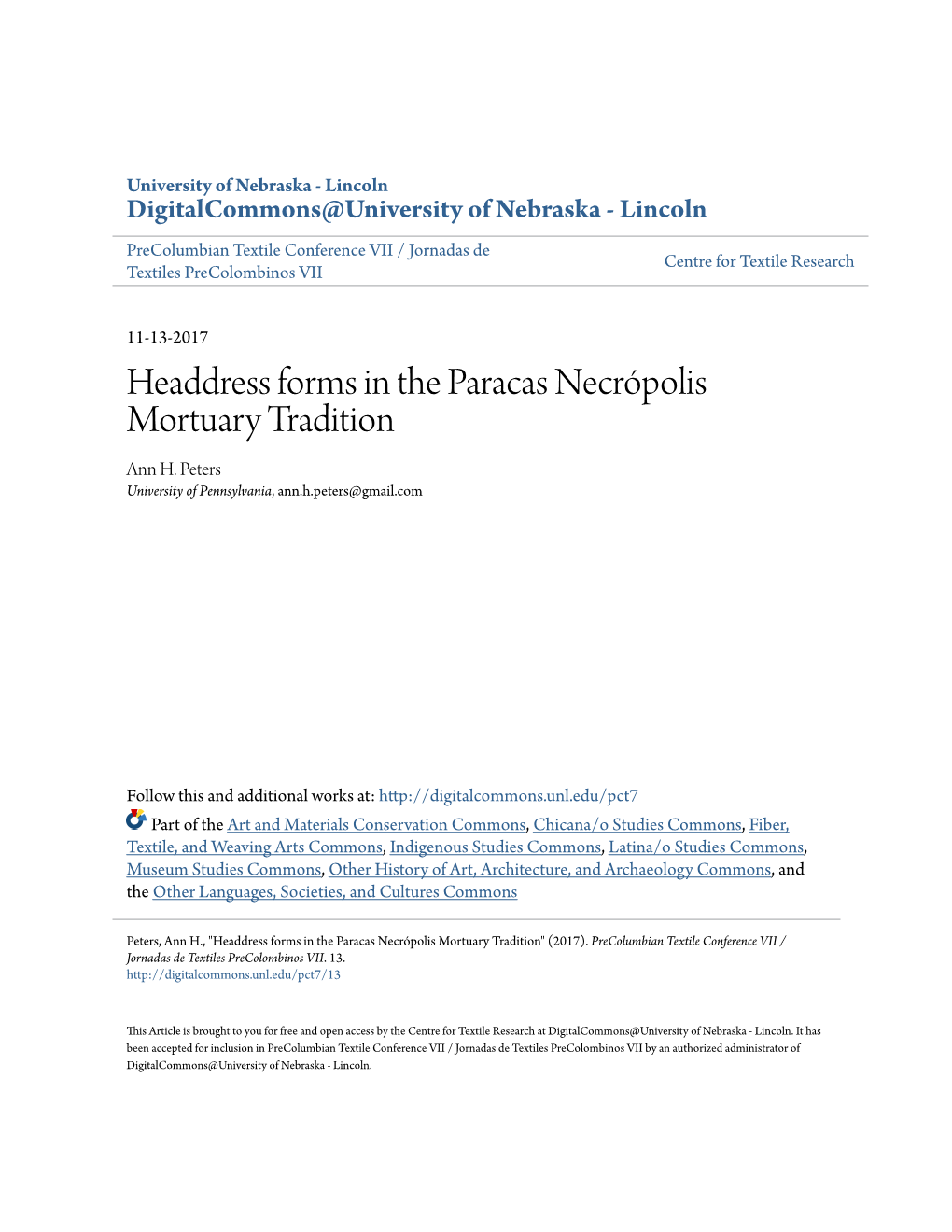 Headdress Forms in the Paracas Necrópolis Mortuary Tradition Ann H