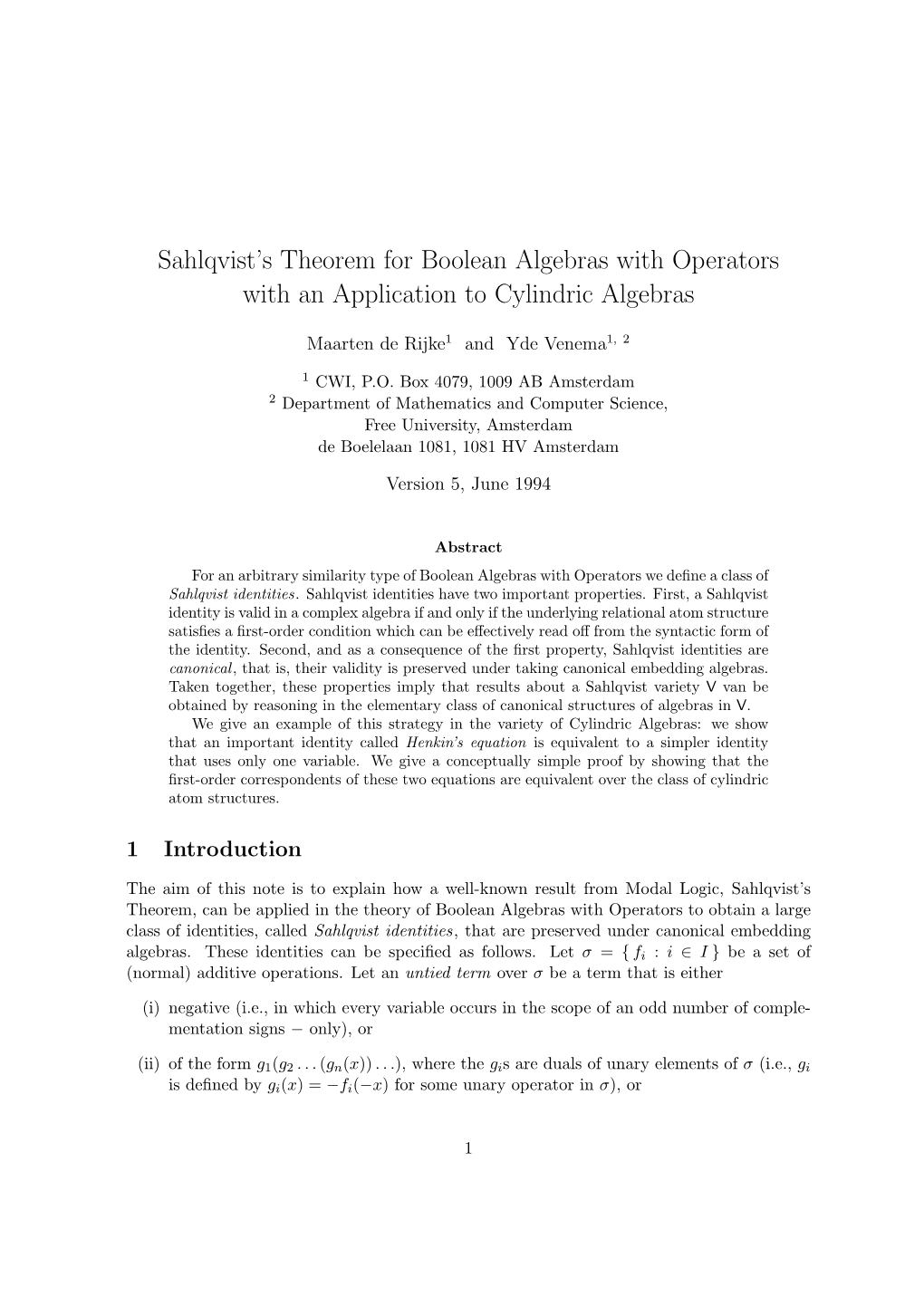 Sahlqvist's Theorem for Boolean Algebras with Operators